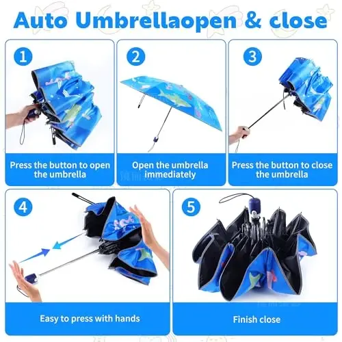 Hannstar Automatic Kids Umbrella, Folding Telescopic Toddler Umbrella for girls & boys, UV/Sun Protection - Strong and Portable - Compact, Durable, Lightweight Cute Kitty Brolly - 3