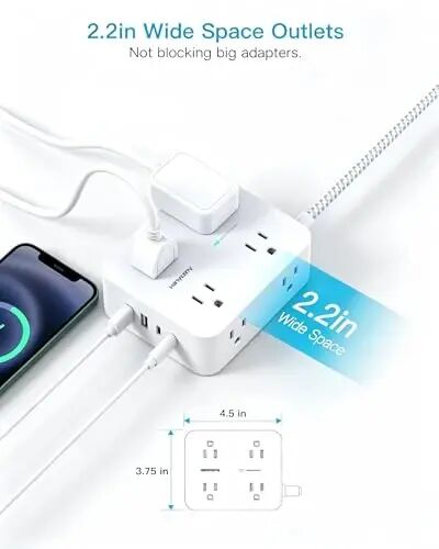 HANYCONY 10 Ft Braided Extension Cord with Ultra-Thin Flat Plug, 8-Outlet | 1080J Surge Protector Power Strip with 4 USB Ports (2 USB C), Ideal Wall Mount Charging Station for Home Office and Dorm - HANYCONY (1)