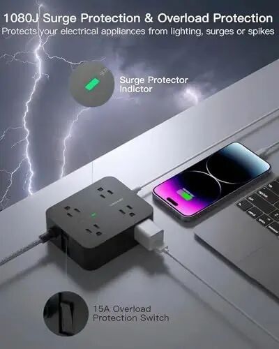 HANYCONY Extension Cord 20 Ft, Power Strip Surge Protector, Long Cord | 8 Outlets 4 USB Ports(2 USB C), Flat Plug, Wall Mount, Desk USB Charging Station, Home Office Dorm Room Essentials - 4