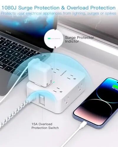 HANYCONY Extension Cord 25 Ft, Power Strip Surge Protector, Long Cord | 8 Outlets 4 USB Ports(2 USB C), Flat Plug, Wall Mount, Desk USB Charging Station, Home Office Dorm Room Essentials - 3