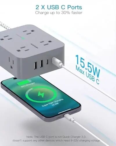 HANYCONY Surge Protector Power Strip, 1080J, 5 Ft Braided Extension Cord | 8 Outlets 4 USB Ports(2 USB C), Outlet Extender, Flat Plug, Wall Mount, Desk Charging Station, Home Office, Dorm Room ETL - HANYCONY (1)