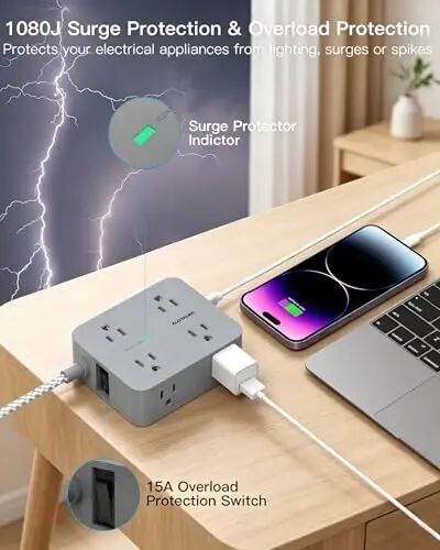 HANYCONY Surge Protector Power Strip, 1080J, 5 Ft Braided Extension Cord | 8 Outlets 4 USB Ports(2 USB C), Outlet Extender, Flat Plug, Wall Mount, Desk Charging Station, Home Office, Dorm Room ETL - 6
