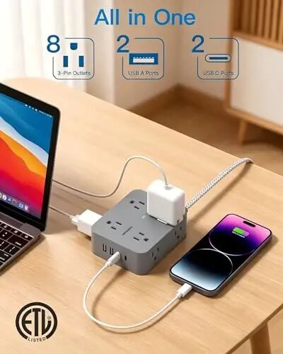 HANYCONY Surge Protector Power Strip 15 Ft Long Cord, 1080J, Flat Plug | Extension Cord with Multiple Outlets, 4 USB Ports(2 USB C), Desk Charging Station, Home Office, College Dorm Room Essentials - 2