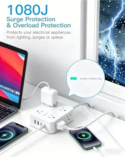 HANYCONY Ultra-Thin Flat Plug Extension Cord, 8-Outlet Surge Protector 5Ft | 1080J Multi Plug Power Strip with 4 USB C, Widely Spaced Outlets Braided Extension Cable, Desktop Charging Station for Dorm - HANYCONY (1)