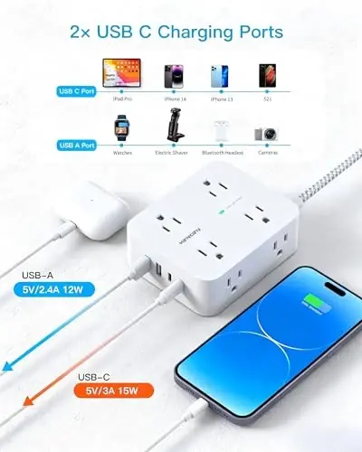 HANYCONY Ultra-Thin Flat Plug Extension Cord, 8-Outlet Surge Protector 5Ft | 1080J Multi Plug Power Strip with 4 USB C, Widely Spaced Outlets Braided Extension Cable, Desktop Charging Station for Dorm - 3