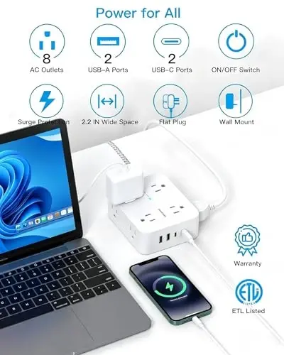 HANYCONY Ultra-Thin Flat Plug Extension Cord, 8-Outlet Surge Protector 5Ft | 1080J Multi Plug Power Strip with 4 USB C, Widely Spaced Outlets Braided Extension Cable, Desktop Charging Station for Dorm - 6