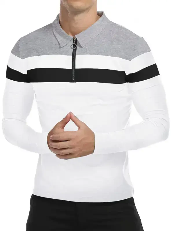 HAOMEILI Men’s Long Sleeve Polo Shirt Casual Slim Fit Shirts Contrast Color Patchwork T Shirts Cotton Tops- - 1