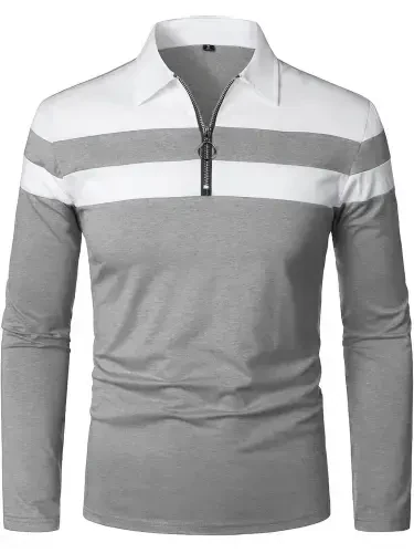 HAOMEILI Men’s Long Sleeve Polo Shirt Casual Slim Fit Shirts Contrast Color Patchwork T Shirts Cotton Tops- - 4