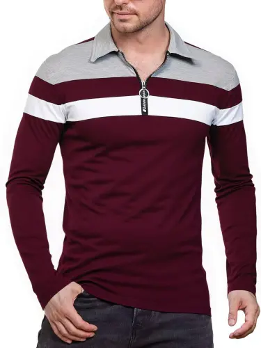 HAOMEILI Men’s Long Sleeve Polo Shirt Casual Slim Fit Shirts Contrast Color Patchwork T Shirts Cotton Tops - 3