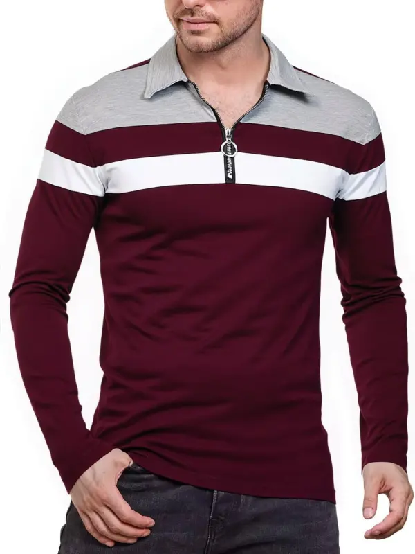 HAOMEILI Men’s Long Sleeve Polo Shirt Casual Slim Fit Shirts Contrast Color Patchwork T Shirts Cotton Tops - 3