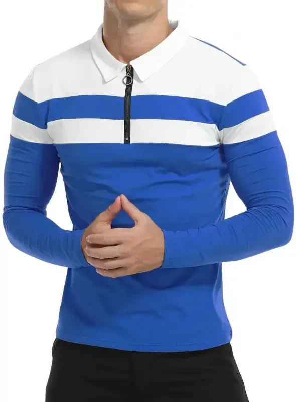 HAOMEILI Men’s Long Sleeve Polo Shirt Casual Slim Fit Shirts Contrast Color Patchwork T Shirts Cotton Tops - HAOMEILI