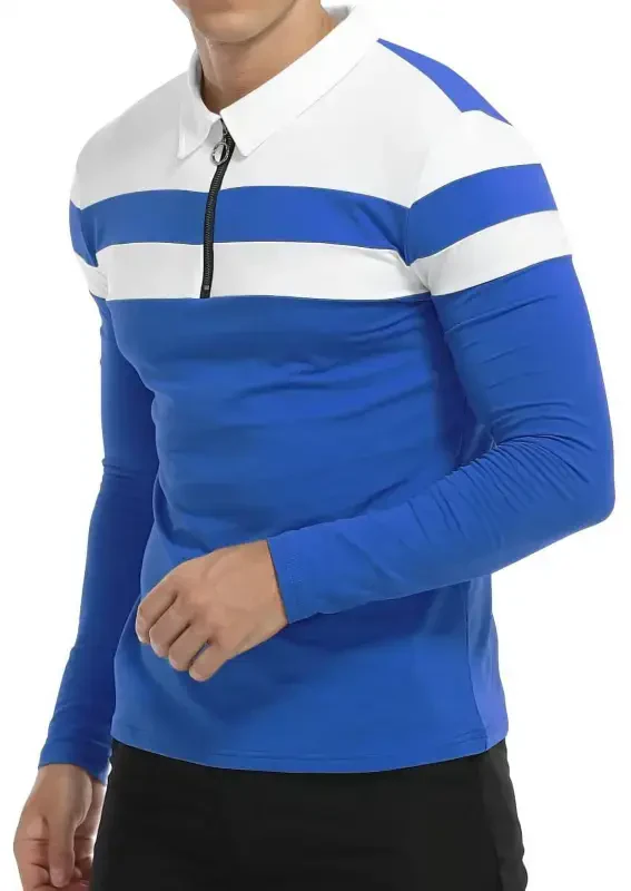 HAOMEILI Men’s Long Sleeve Polo Shirt Casual Slim Fit Shirts Contrast Color Patchwork T Shirts Cotton Tops - 2