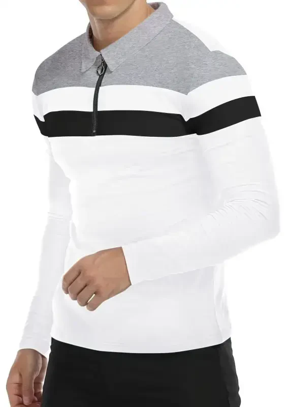 HAOMEILI Men’s Long Sleeve Polo Shirt Casual Slim Fit Shirts Contrast Color Patchwork T Shirts Cotton Tops - 2