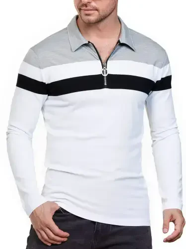 HAOMEILI Men’s Long Sleeve Polo Shirt Casual Slim Fit Shirts Contrast Color Patchwork T Shirts Cotton Tops - 3