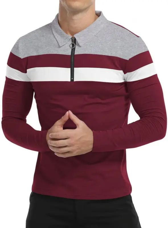 HAOMEILI Men’s Long Sleeve Polo Shirt Casual Slim Fit Shirts Contrast Color Patchwork T Shirts Cotton Tops- - HAOMEILI