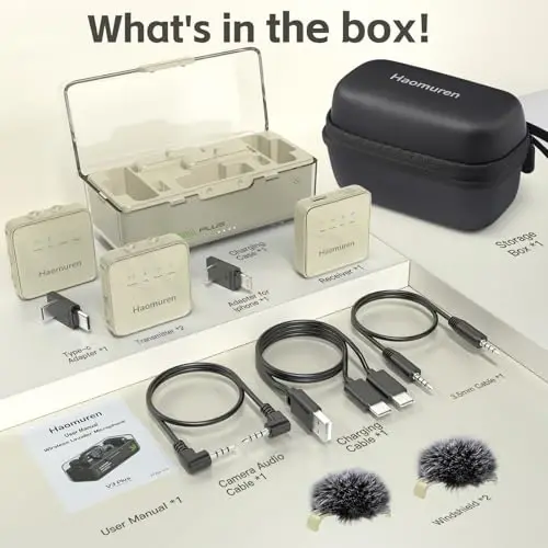 Haomuren Wireless Lavalier Microphone 2 Pack,Clip on Lapel Mic for iPhone,Android,Camera,iPad,Tablet,PC,Noise Cancel,Echo,Camera Mic for Video Recording,Stream,Vlogs(Apricot) - 7