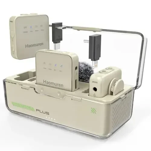 Haomuren Wireless Lavalier Microphone 2 Pack,Clip on Lapel Mic for iPhone,Android,Camera,iPad,Tablet,PC,Noise Cancel,Echo,Camera Mic for Video Recording,Stream,Vlogs(Apricot) 