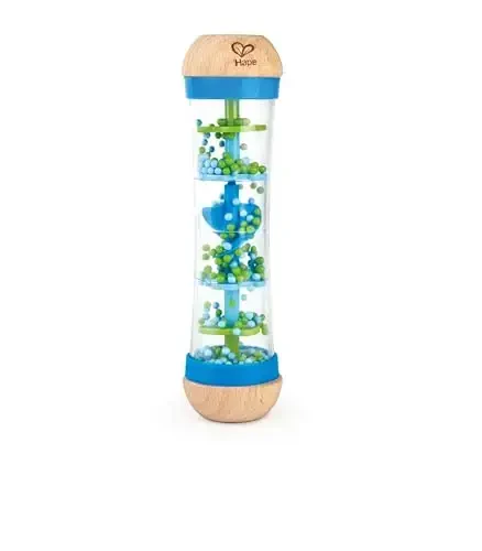 Hape Beaded Raindrops | Mini Wooden Musical Shake & Rattle Rainmaker Toy, Blue, Model Number: E0328B - 4