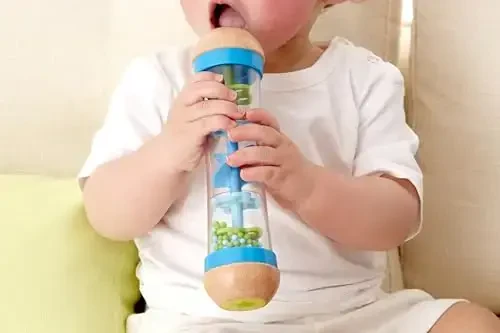 Hape Beaded Raindrops | Mini Wooden Musical Shake & Rattle Rainmaker Toy, Blue, Model Number: E0328B - 5