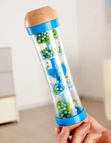 Hape Beaded Raindrops | Mini Wooden Musical Shake & Rattle Rainmaker Toy, Blue, Model Number: E0328B - 6