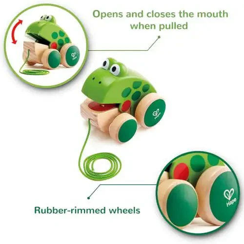 Hape Frog Pull-Along | Wooden Frog Fly Eating Pull Toddler Toy, 4.6 x 3.3 x 3.8 inches, Green - 5