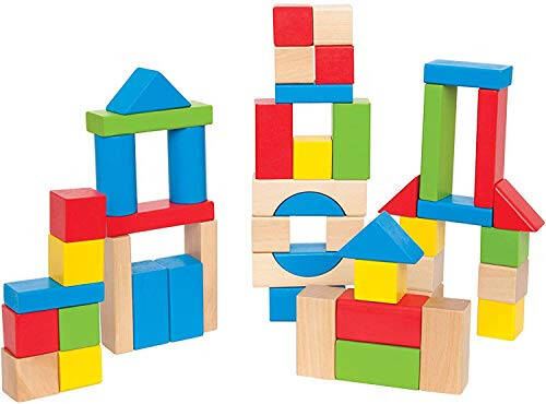 Hape Maple Wood Kids Building Blocks Stacking Wooden Block Educational Toy Set for Toddlers, 50 Brightly Colored Pieces in Assorted Shapes and Sizes - 1