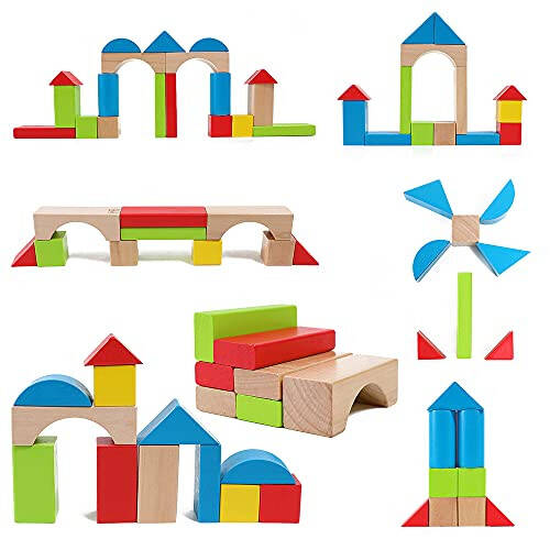 Hape Maple Wood Kids Building Blocks Stacking Wooden Block Educational Toy Set for Toddlers, 50 Brightly Colored Pieces in Assorted Shapes and Sizes - 2