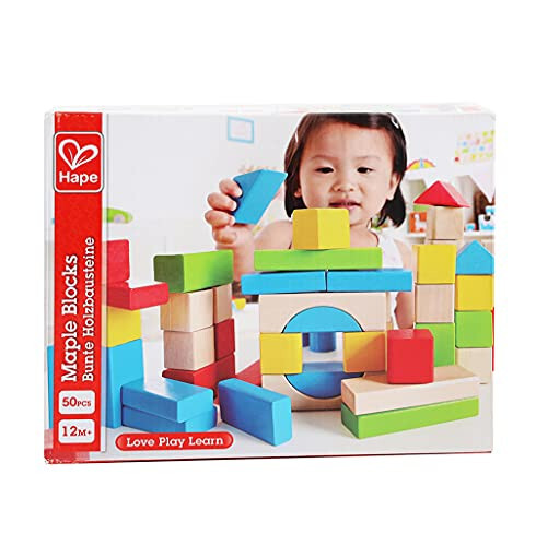 Hape Maple Wood Kids Building Blocks Stacking Wooden Block Educational Toy Set for Toddlers, 50 Brightly Colored Pieces in Assorted Shapes and Sizes - 5