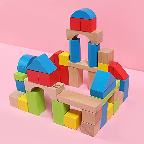 Hape Maple Wood Kids Building Blocks Stacking Wooden Block Educational Toy Set for Toddlers, 50 Brightly Colored Pieces in Assorted Shapes and Sizes - 6
