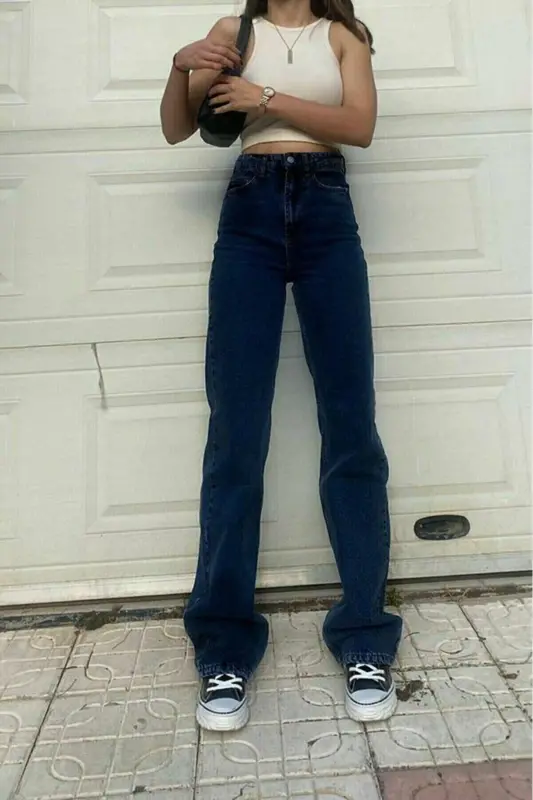 Happy Dark Navy Extra High Power Lycra Baggy Jeans Palazzo Pants (SUPER HIGH)-lacivertt655 - 2