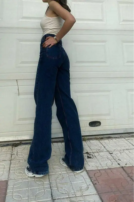 Happy Dark Navy Extra High Power Lycra Baggy Jeans Palazzo Pants (SUPER HIGH)-lacivertt655 - BROSERER