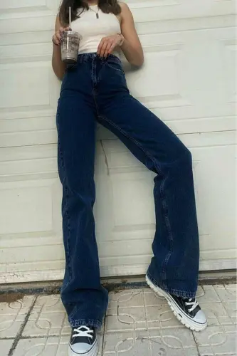 Happy Dark Navy Extra High Power Lycra Baggy Jeans Palazzo Pants (SUPER HIGH)-lacivertt655 - 3