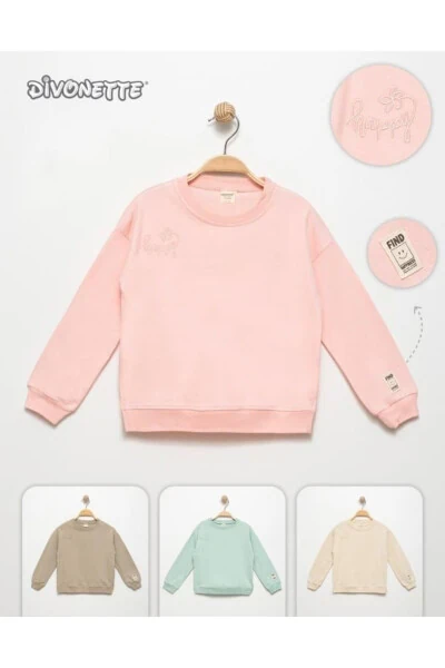 Happy Embroidered Long Sleeve 100% Cotton Girl's Sweatshirt - DIVONETTE (1)