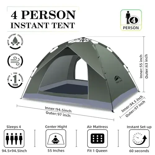 Happy Travel 1/2/3/4 Person Camping Tent, Instant Easy Pop Up Tents for Camping,Automatic Waterproof Family Camping Tent, Easy Set Up Tent,Portable Windproof Dome Tent for Camping Hiking & Traveling - MODAZONE (1)