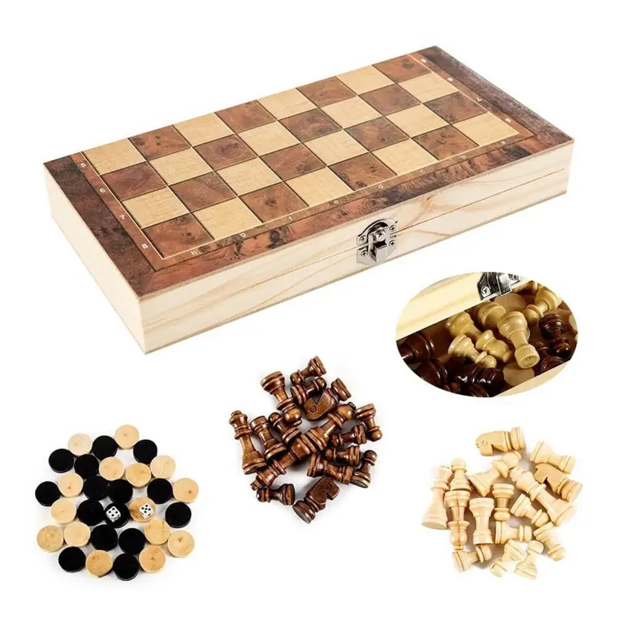 Happybear 3 in 1 Chess Checkers Backgammon Set, Wood Classic Board Game for Family, Friend (1) - 6