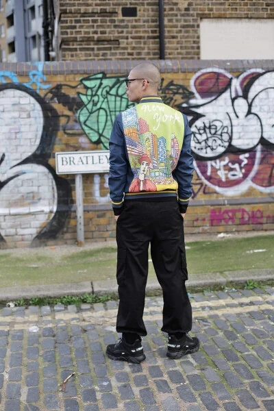 Haqiqi charm teridan tikilgan erkaklar ko'ylagi, moviy New York Ikigai naqshli, qo'lda chizilgan raqamli bosma, fermuarlı astarli. - DERIDERIM