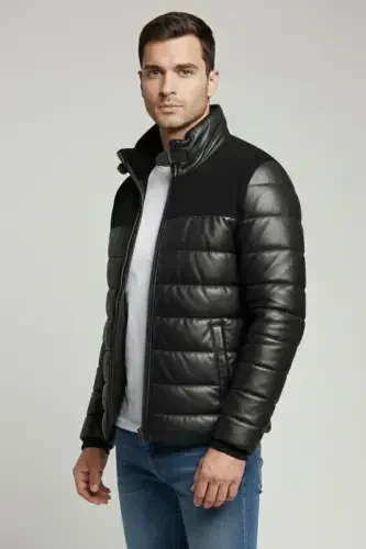 Haqiqi teri, qisqa, hakim yoqali erkak paltosi. - 1