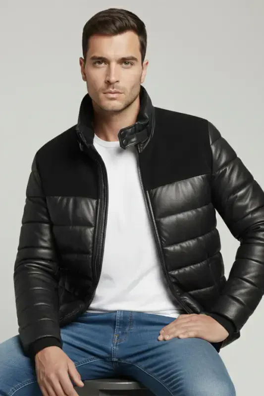 Haqiqi teri, qisqa, hakim yoqali erkak paltosi. - 4