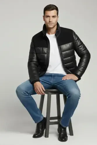 Haqiqi teri, qisqa, hakim yoqali erkak paltosi. - 5