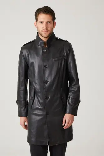 Haqiqi teri, tugmali, astarli, epoleti, yirtiq, tik yoqali, tor kesim palto. - DERIDERIM (1)