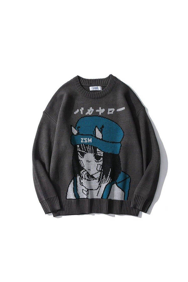 Harajuku Karikatür Anime Sokak Tarzı Oversize Rahat Unisex Antrasit Kazak - 1