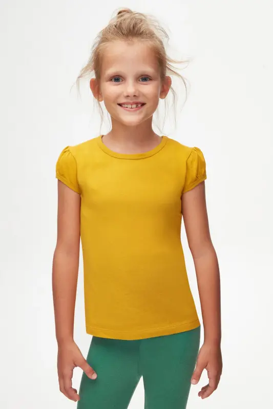 Hardal Basic Qiz Bolalar Uchayka Yoqa Tarvuz Qul T-shirti - HONEY MUSTARD - 3