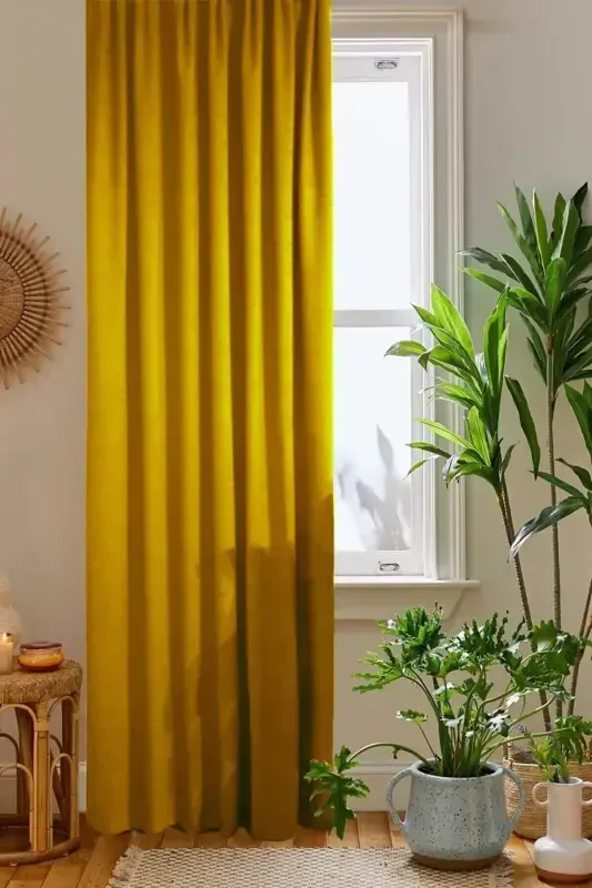 Hardal Sarısı Petek Kadife Dokulu Fon Perde Düz Dikişli Ekstrafor Büzgü-Koyu Sarı - HOME COLOR HOME