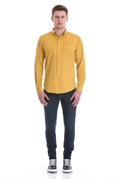 Hardal Slim Fit Düz 100% Pamuklu Düğmeli Yaka Uzun Kollu Klasik Gömlek-Hardal - 2