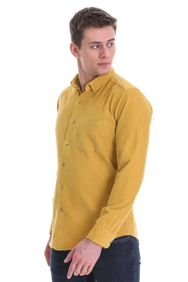 Hardal Slim Fit Düz 100% Pamuklu Düğmeli Yaka Uzun - 5