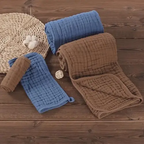 HardNok 4-Piece Muslin Bath Towel Set - Perfect for New Moms, 32x32 Inch, 6-Layer Ultra-Soft Cotton, Ideal for Infants (Coffee & Blue) - 7