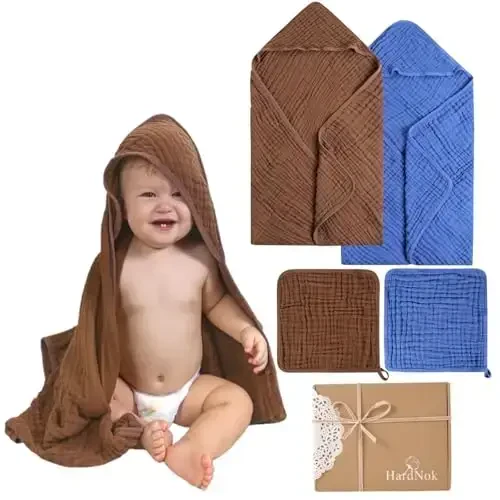 HardNok 4-Piece Muslin Bath Towel Set - Perfect for New Moms, 32x32 Inch, 6-Layer Ultra-Soft Cotton, Ideal for Infants (Coffee & Blue) - 1