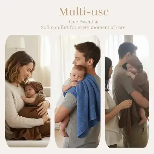 HardNok 4-Piece Muslin Bath Towel Set - Perfect for New Moms, 32x32 Inch, 6-Layer Ultra-Soft Cotton, Ideal for Infants (Coffee & Blue) - 4