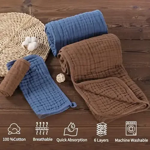 HardNok 4 qismli muslin hammom sochiqlar to'plami - yangi onalar uchun ideal, 32x32 dyuym, 6 qatlamli ultra-yumshoq paxta, go'daklar uchun ideal (kofe va ko'k) - 3