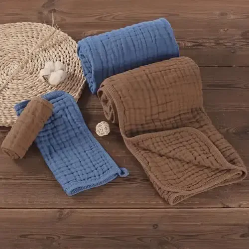 HardNok 4 qismli muslin hammom sochiqlar to'plami - yangi onalar uchun ideal, 32x32 dyuym, 6 qatlamli ultra-yumshoq paxta, go'daklar uchun ideal (kofe va ko'k) - 7